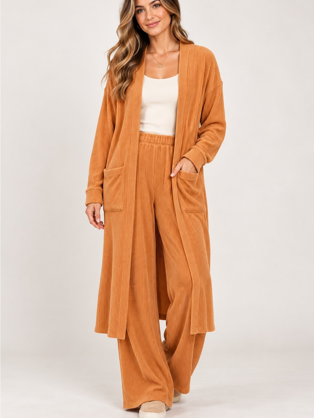 Women’s Cozy Corduroy Wide-Leg Pants & Long Cardigan Set - Camel